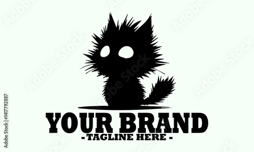 Abstract black silhouette of a cat furry creature's head with wide, expressive white eyes on a light background. cat silhouette vector, black and white, cat vector illustration cat logo design