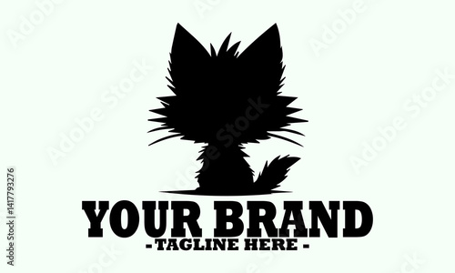 Abstract black silhouette of a cat furry creature's head with wide, expressive white eyes on a light background. cat silhouette vector, black and white, cat vector illustration cat logo design