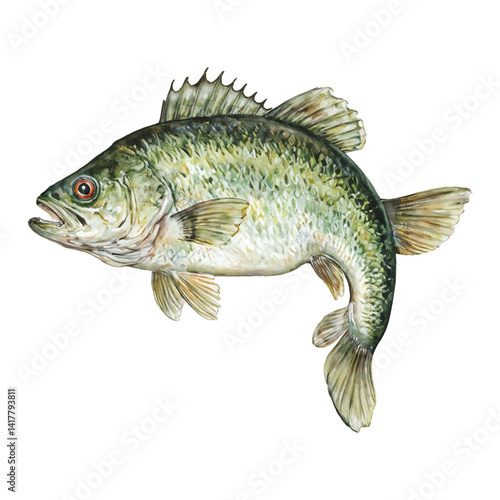 Vibrant Bass Fish Isolated Hand Drawn Watercolor Painting Illustration Fresh Water Specimen