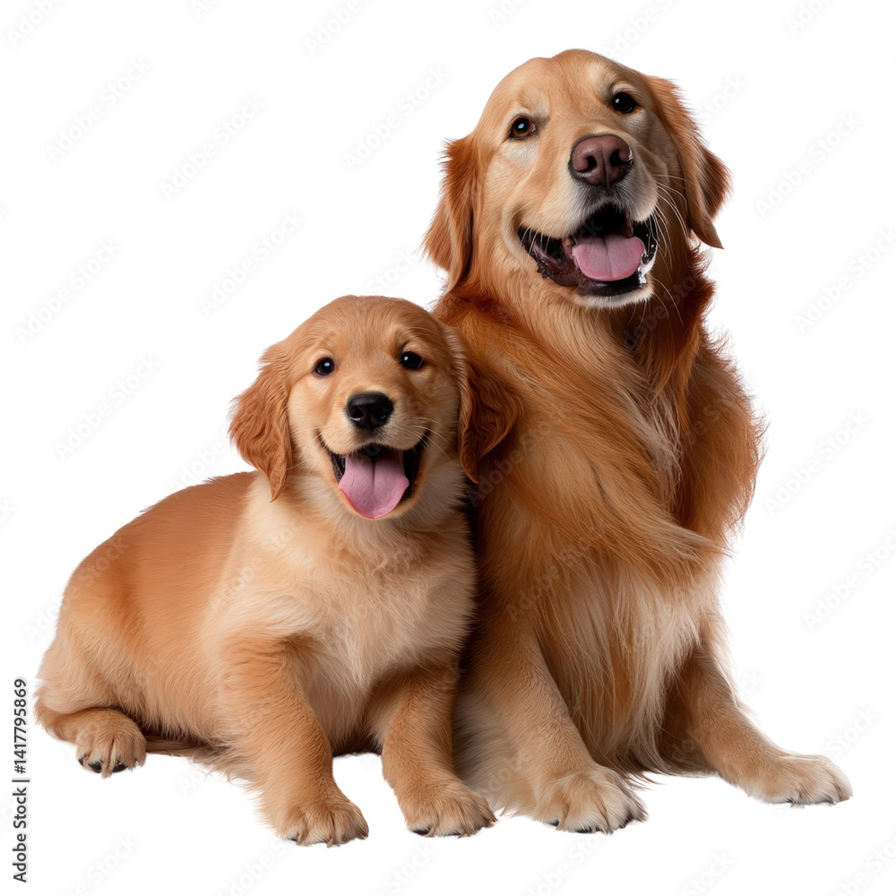 Obraz premium Two adorable golden retriever dogs, a small puppy and an adult, sitting together with happy expressions, showcasing young and mature canine companionship