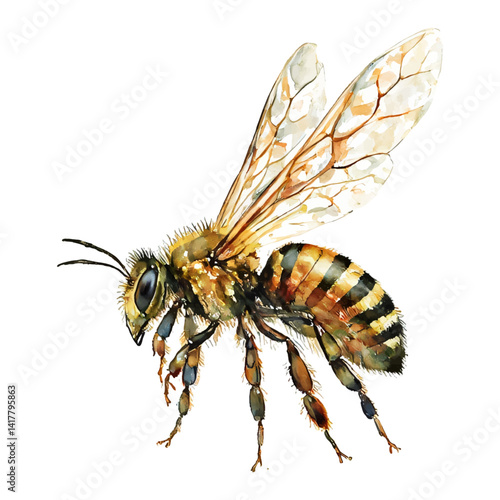 Stripped Bee Side View with Wings Spread Isolated Hand Drawn Watercolor Painting Illustration