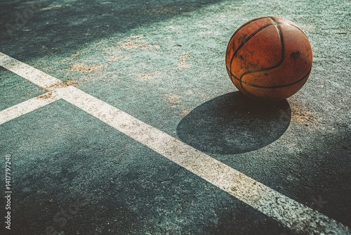 Worn basketball on outdoor court