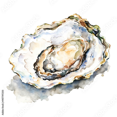 Elegant Oyster Isolated Hand Drawn Watercolor Painting Illustration Oyster shell with beautiful pearly texture and vibrant colors