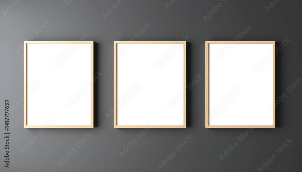 Symmetrical gallery wall mockup with three blank frames on dark minimalist wall Symmetrical gallery wall mockup with three blank frames on dark minimalist wall