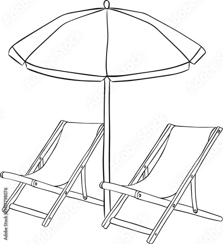 Beach umbrella with pair of sun loungers, graphic line ink composition isolated on white background. Parasol and beach chairs, for package, vacation design, fabric and textile.