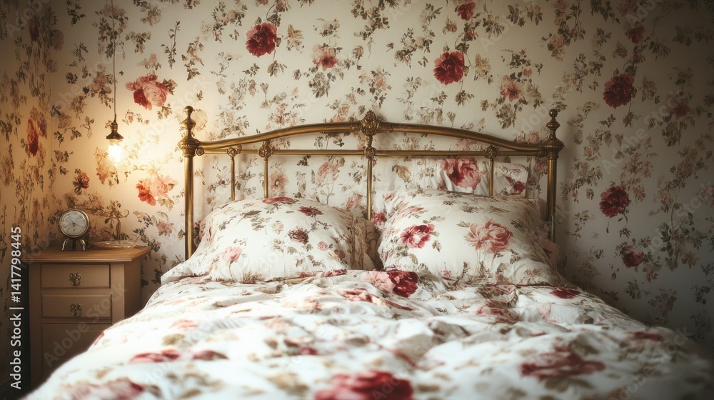 Obraz premium Floral bedroom with antique bed, cozy interior