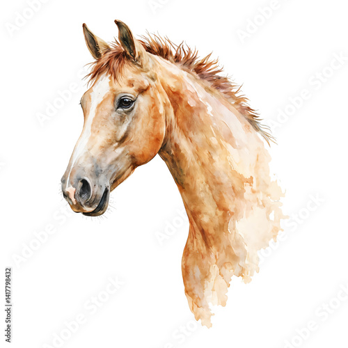 Detailed Brown Horse Head Portrait Isolated Hand Drawn Watercolor Painting Illustration
