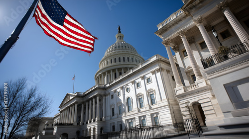 American Congress: A majestic image of the United States Congress building, with the American flag proudly waving against a clear, blue sky, symbolizing democracy and governance.