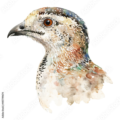 Elegant Quail Head Portrait Isolated Hand Drawn Watercolor Painting Illustration on Transparent