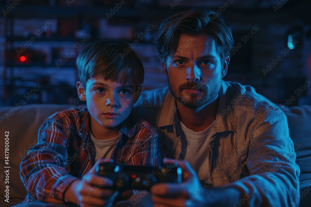 Obraz premium Father and son immersed in competitive video gaming on the couch, controllers in hand, laughter and excitement evident on their faces.