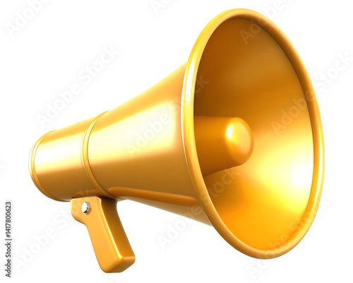 A golden megaphone, a speaker for loud public announcements, is isolated on a white background.