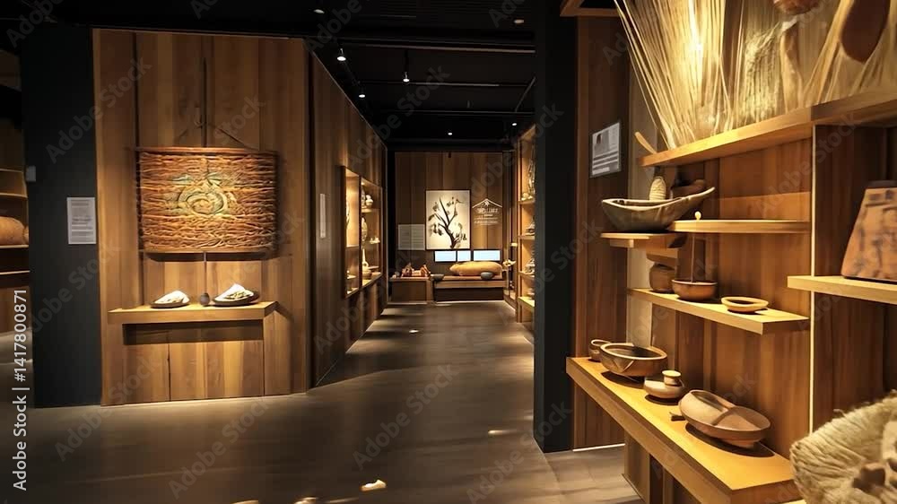 Interior view of a wooden art gallery showcasing handcrafted items Interior view of a wooden art gallery showcasing handcrafted items