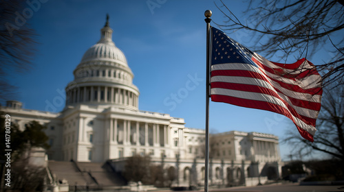 Capitol Hill and American Pride: The majestic United States Capitol Building stands tall, with the American flag waving proudly, a powerful symbol of the nation's history, democracy, and freedom.