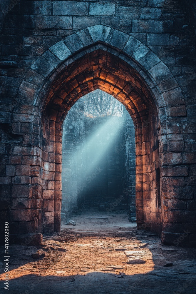 Fototapeta premium Enchanted Passageway with Sunlight Streaming through Ancient Stone Archway in Mystical Ruins