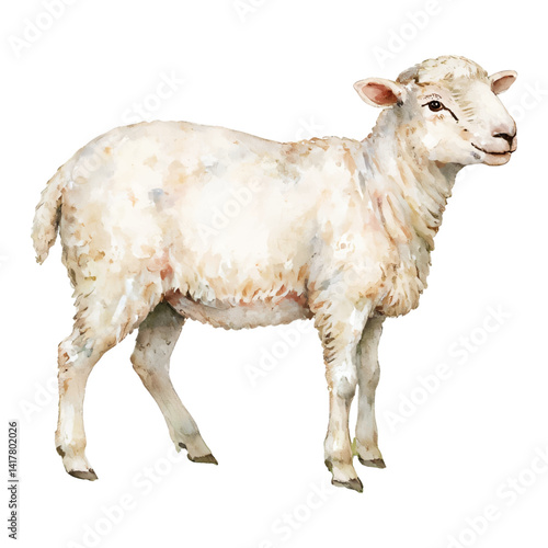 Sheep Isolated Hand Drawn Watercolor Painting Illustration Adorable White Sheep Portrait Side View