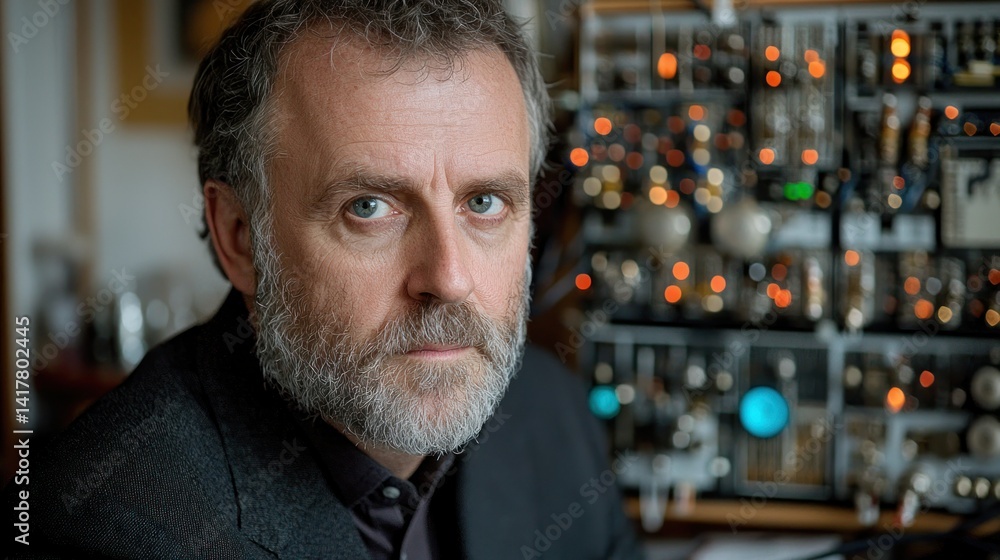 Fototapeta premium Man with beard and suit in front of complex electronic instrument panel