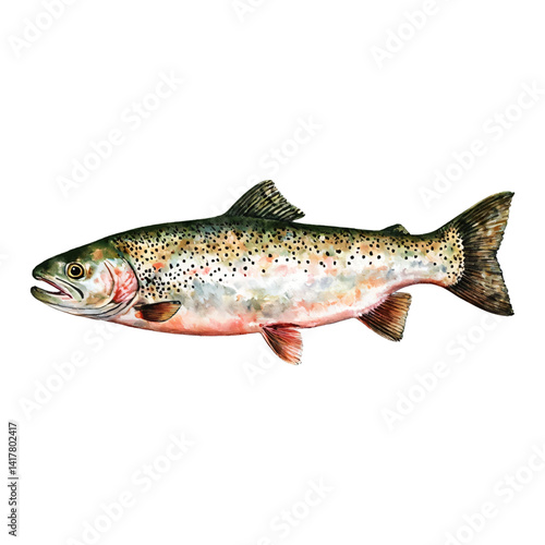 Side View Trout Fish Isolated Hand Drawn Watercolor Painting Illustration Close Up Detailed