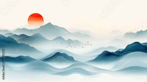 Abstract panoramic landscape with blue mountains, flying birds and warm sun