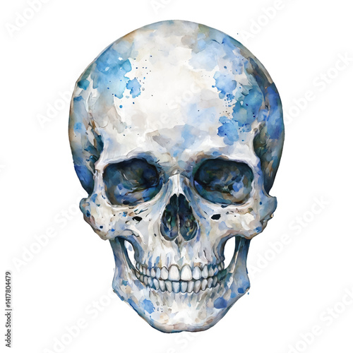 Dramatic Skull Head with Dark Eyes Isolated Hand Drawn Watercolor Painting Illustration