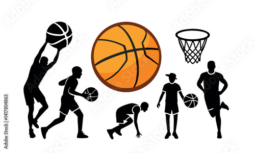 A silhouette of a basketball player in action shows a person playing the sport with a ball.