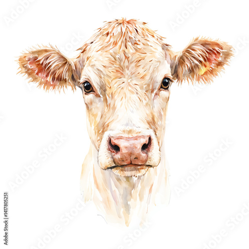 Cow Head Front View Young Cattle Isolated Hand Drawn Watercolor Painting Illustration Art