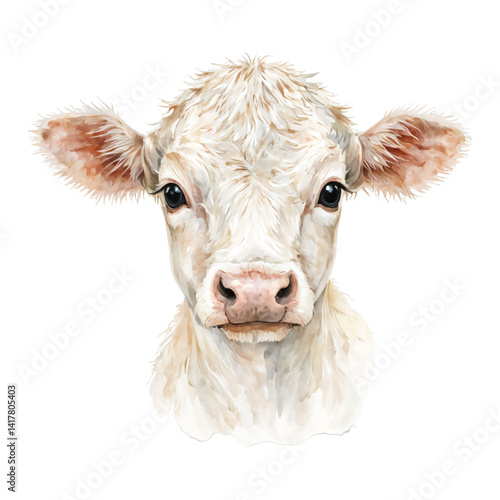 Adorable Baby Cow Head Front View Isolated Hand Drawn Watercolor Painting Illustration