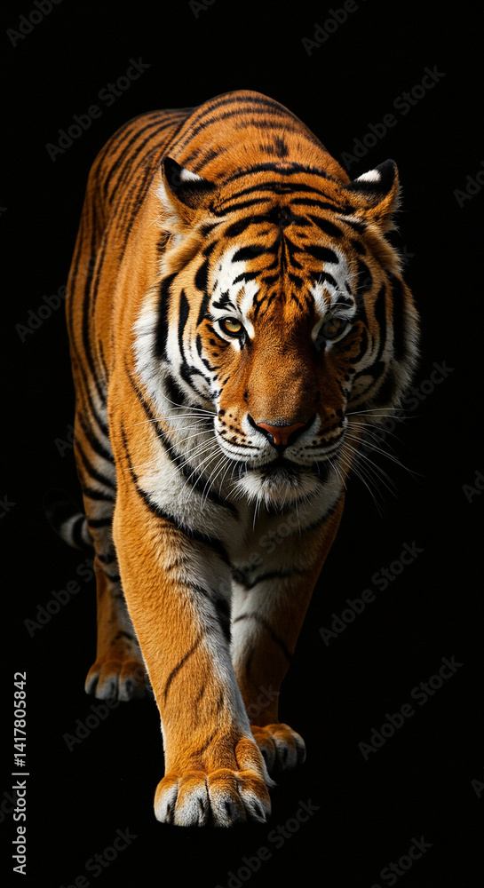 Obraz premium Tiger Walking Forward on Transparent Background, Dramatic Close-Up