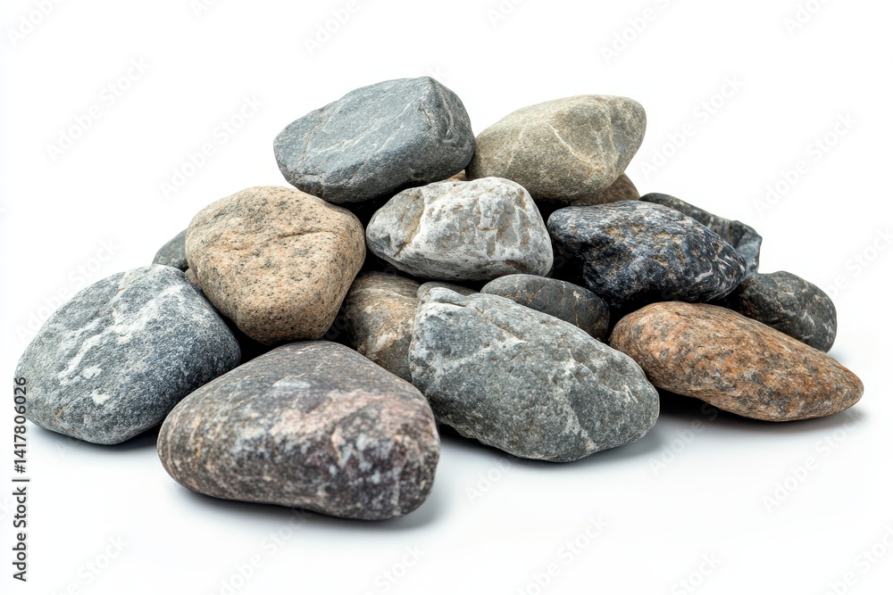 A serene pile of smooth grey and brown river rocks resting on a bright white background A serene pile of smooth grey and brown river rocks resting on a bright white background