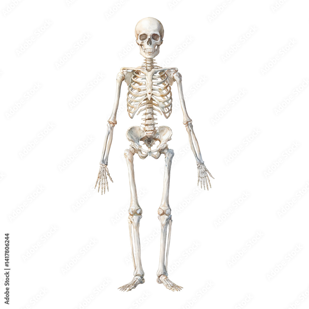 Anatomical Human Skeleton Full Body Isolated Front View Hand Drawn Watercolor Illustration Anatomical Human Skeleton Full Body Isolated Front View Hand Drawn Watercolor Illustration