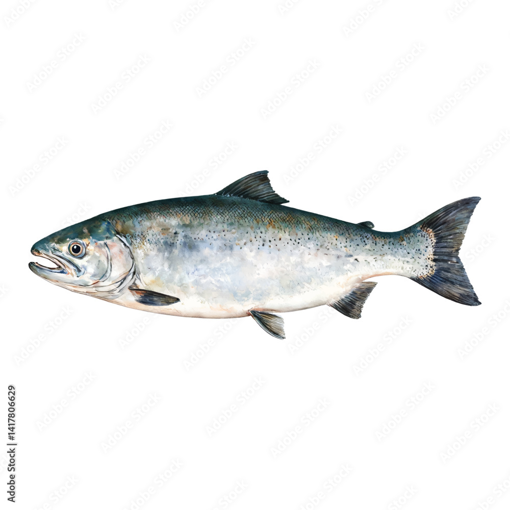 Side View of Silver Salmon Fish Isolated Hand Drawn Watercolor Painting Illustration Side View of Silver Salmon Fish Isolated Hand Drawn Watercolor Painting Illustration