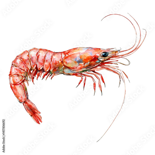 Side View of Shrimp or Prawn Seafood Isolated Hand Drawn Watercolor Painting Illustration