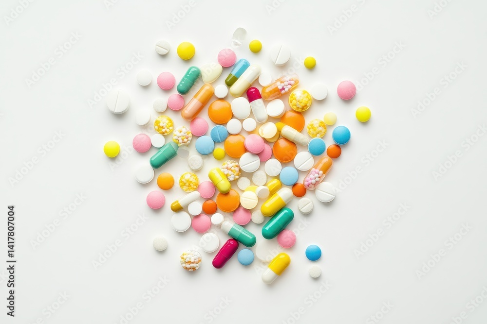A vibrant collection of colorful pills and capsules scattered on a white background showcasing various shapes and sizes of medication A vibrant collection of colorful pills and capsules scattered on a white background showcasing various shapes and sizes of medication