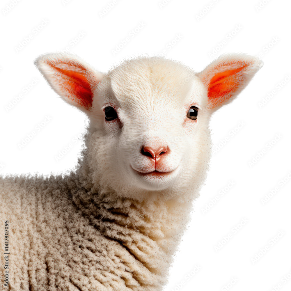 Fototapeta premium Close-up of a adorable young sheep with fluffy wool, pink nose, and expressive eyes, isolated on white background, highlighting farm animal beauty and innocence