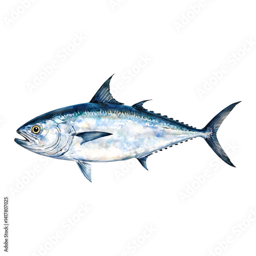 Tuna Fish Side View Marine Animal Isolated Hand Drawn Watercolor Painting Illustration