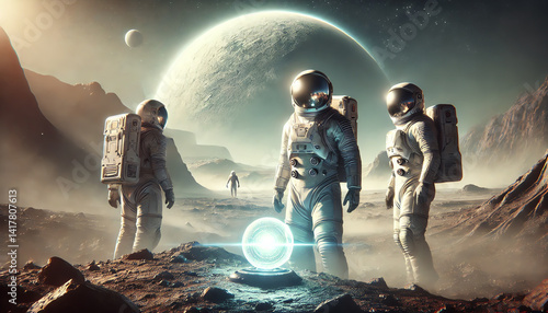 A dramatic science fiction scene featuring astronauts walking on a rugged alien landscape
