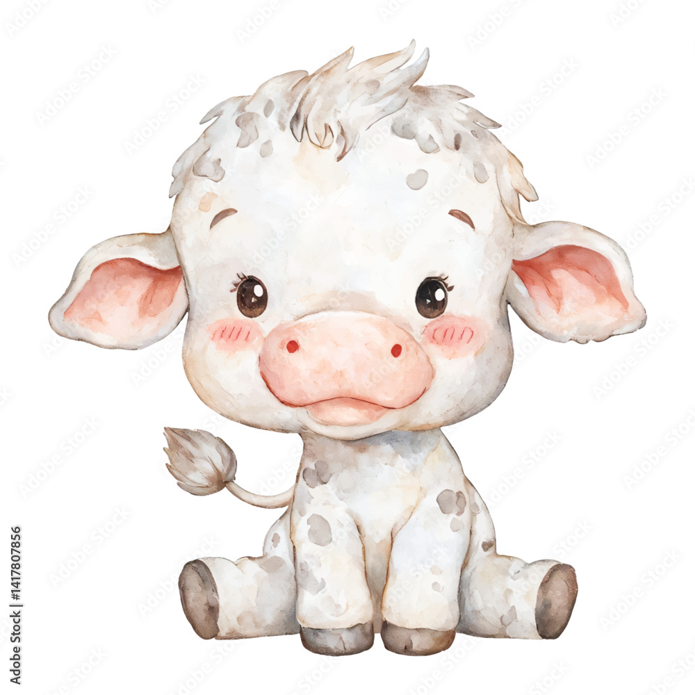 Fototapeta premium Adorable Baby Cow Sitting Cartoon Illustration Isolated Hand Drawn Watercolor Painting Illustration
