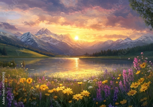 Scenic sunrise over alpine lake with wildflowers
