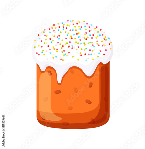 Easter cake in cartoon style.Vector illustration of a delicious Easter cake, dough with raisins, white glaze, colored sprinkles:red, yellow, blue, green, orange, isolated on a white background.Kulich.