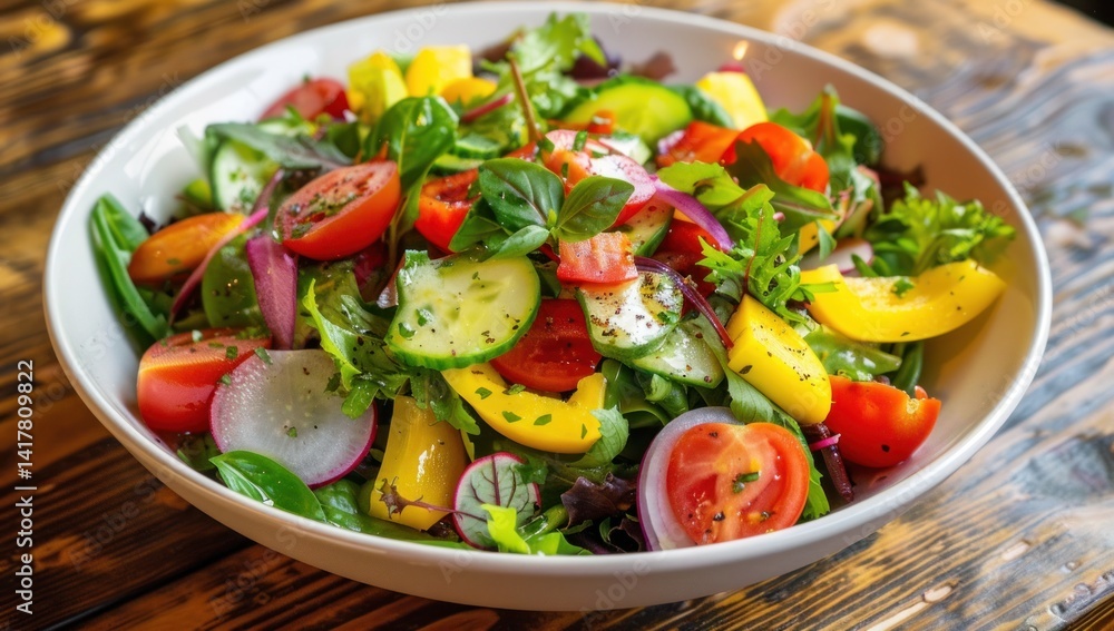 perfectly balanced salad with colorful vegetables and a drizzle of dressing in a white bowl perfectly balanced salad with colorful vegetables and a drizzle of dressing in a white bowl
