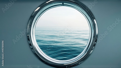 Ocean view through a round porthole on a ship.