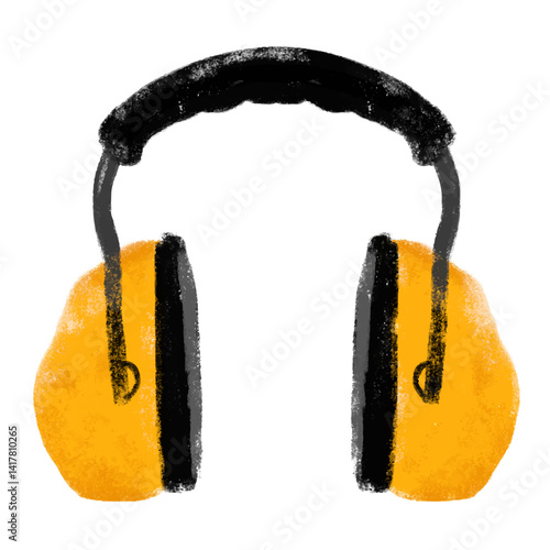 Cute orange worker safety headphones construction site doodle kids hand drawn illustration watercolor traffic listen stereo music element boy birthday party theme clipart