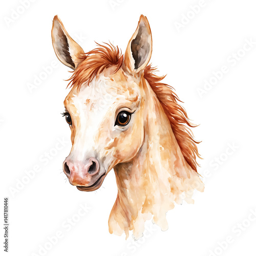 Adorable Cute Baby Horse Head Portrait Isolated Hand Drawn Watercolor Painting Illustration