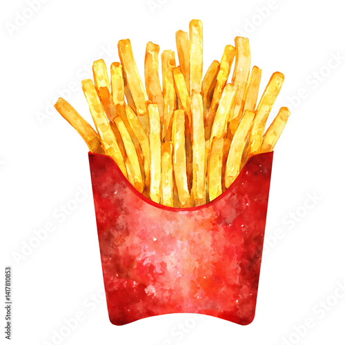 Delicious French Fries in Red Package Isolated Hand Drawn Watercolor Painting Illustration