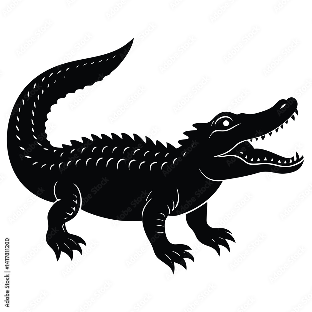 Naklejka premium Crocodile vector silhouette with mouth open in calm resting pose on clean white background illustration