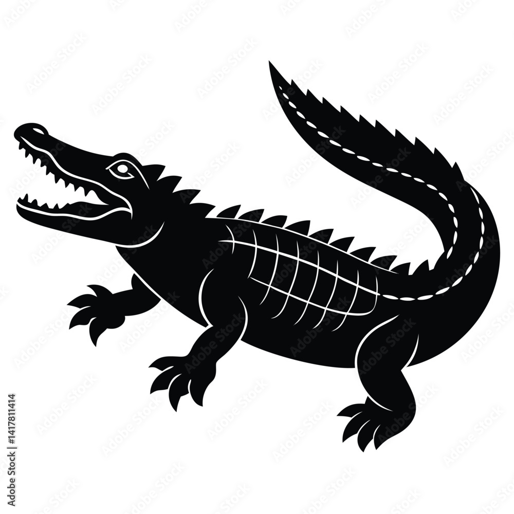 Naklejka premium Crocodile vector silhouette with mouth open in calm resting pose on clean white background illustration