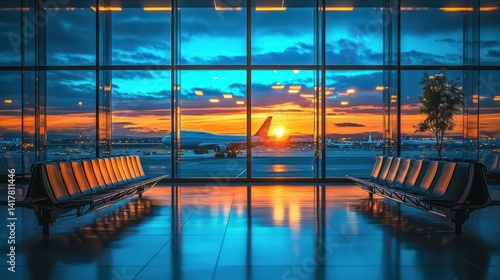 View from an airport lounge showcasing an airplane outside the window at sunset, with modern seating and colorful skies creating a serene travel ambiance