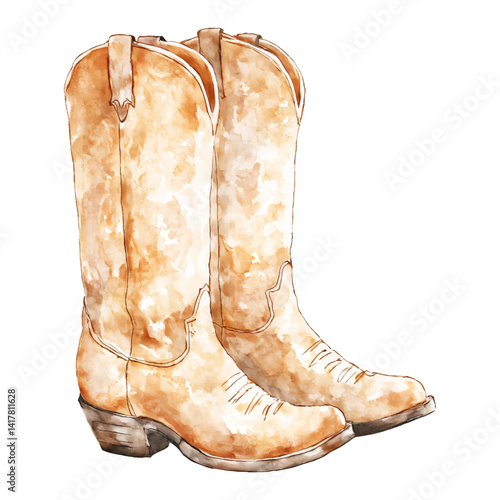 Pair of Simple Cowboy Boots Isolated Hand Drawn Watercolor Painting Illustration Leather footwear