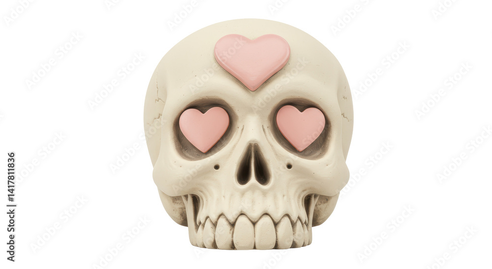 Isolated Skull with Pink Heart Eyes Representing Love and Mortality Isolated Skull with Pink Heart Eyes Representing Love and Mortality