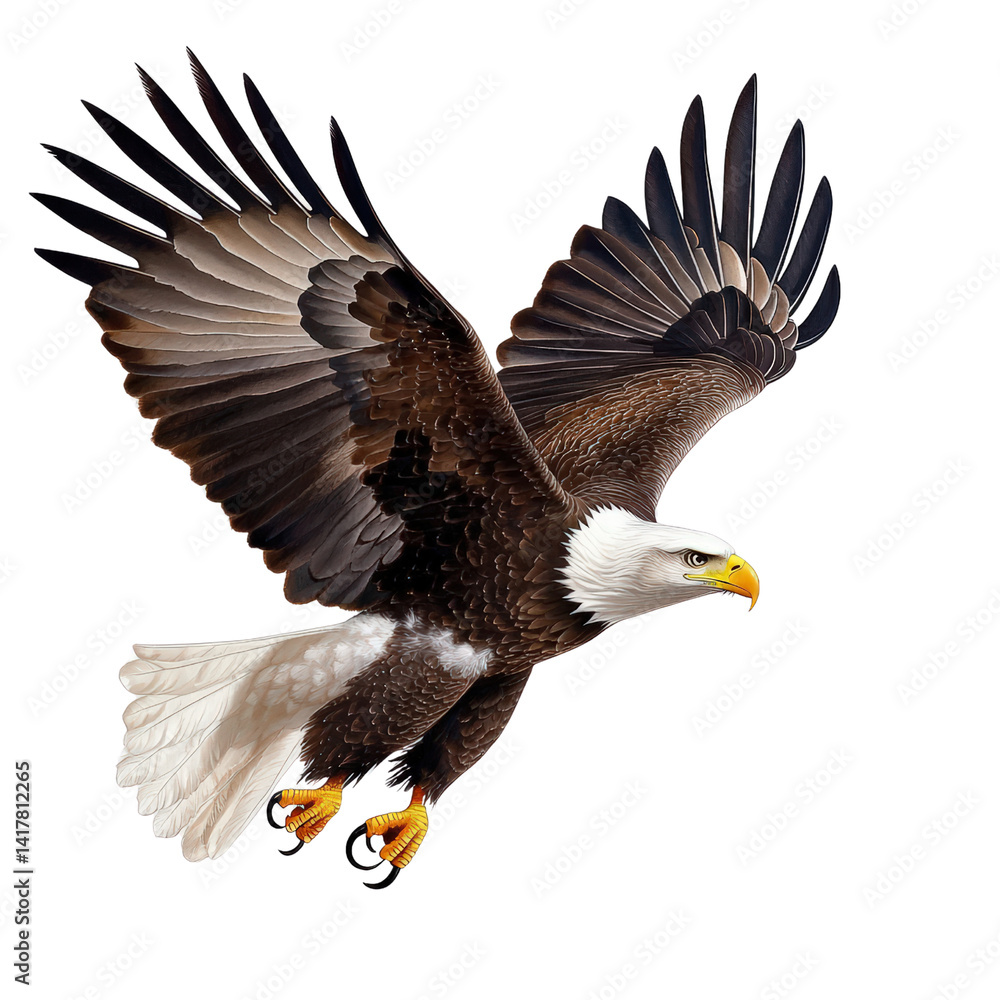 Fototapeta premium Majestic African Fish Eagle Flying with Wings Spread Wide and Talons Extended, Noble Bird in Flight Against a White Background