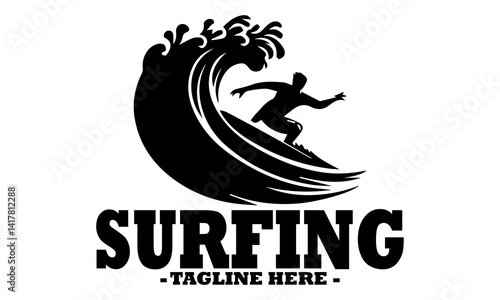 Dynamic black silhouette of a surfer riding a powerful, stylized ocean wave with splashing water details. Line art illustration of surfer, surfer logo design template and surfer vector illustration